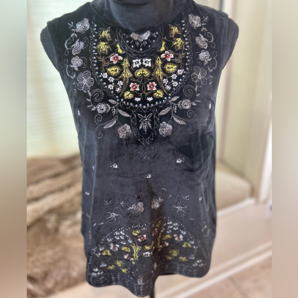Meadow Rue (Anthropologie) Black Velour Vest with Gorgeous Embroidery